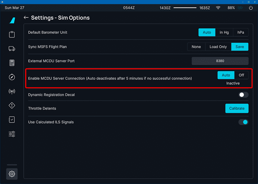 flyPad EFB Settings Sim Options